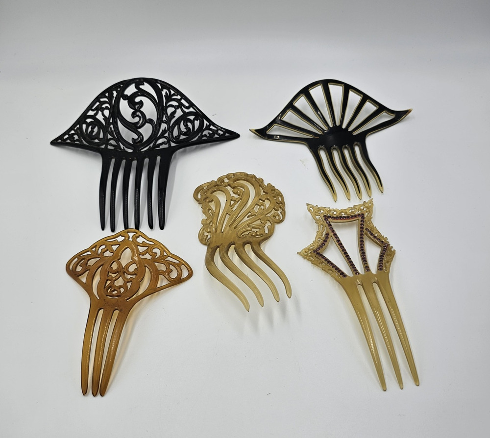 Lot of 5 Antique 1920s-1930s Celluloid Hair Combs Art Deco